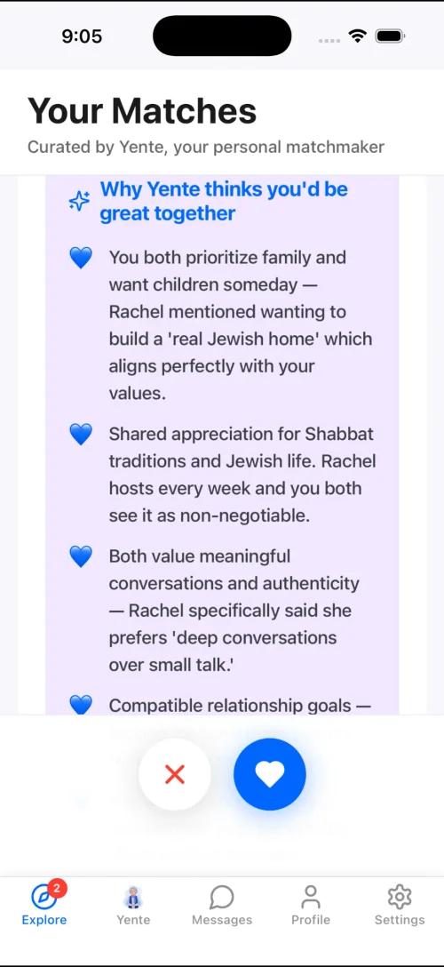 BashertAI showing why Yente thinks you'd be great together