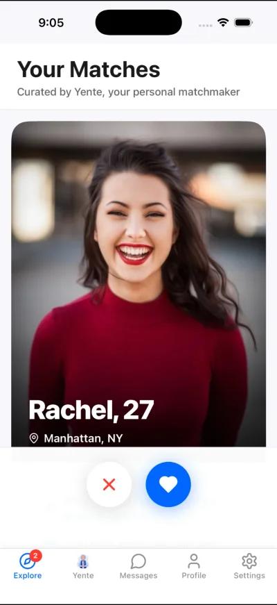 BashertAI matches screen showing Rachel's profile